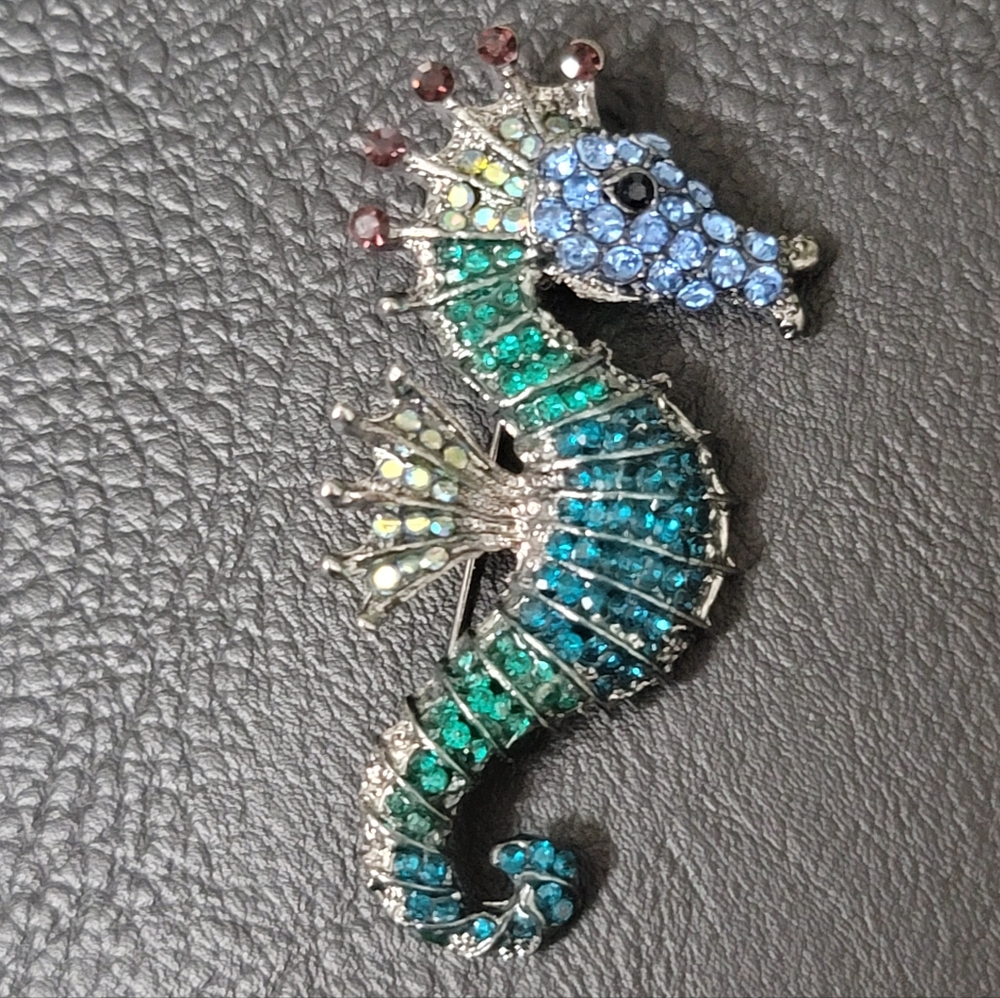 Beautiful Seahorse Brooch- Blue, Green, & AB Rhinestones - NWOT